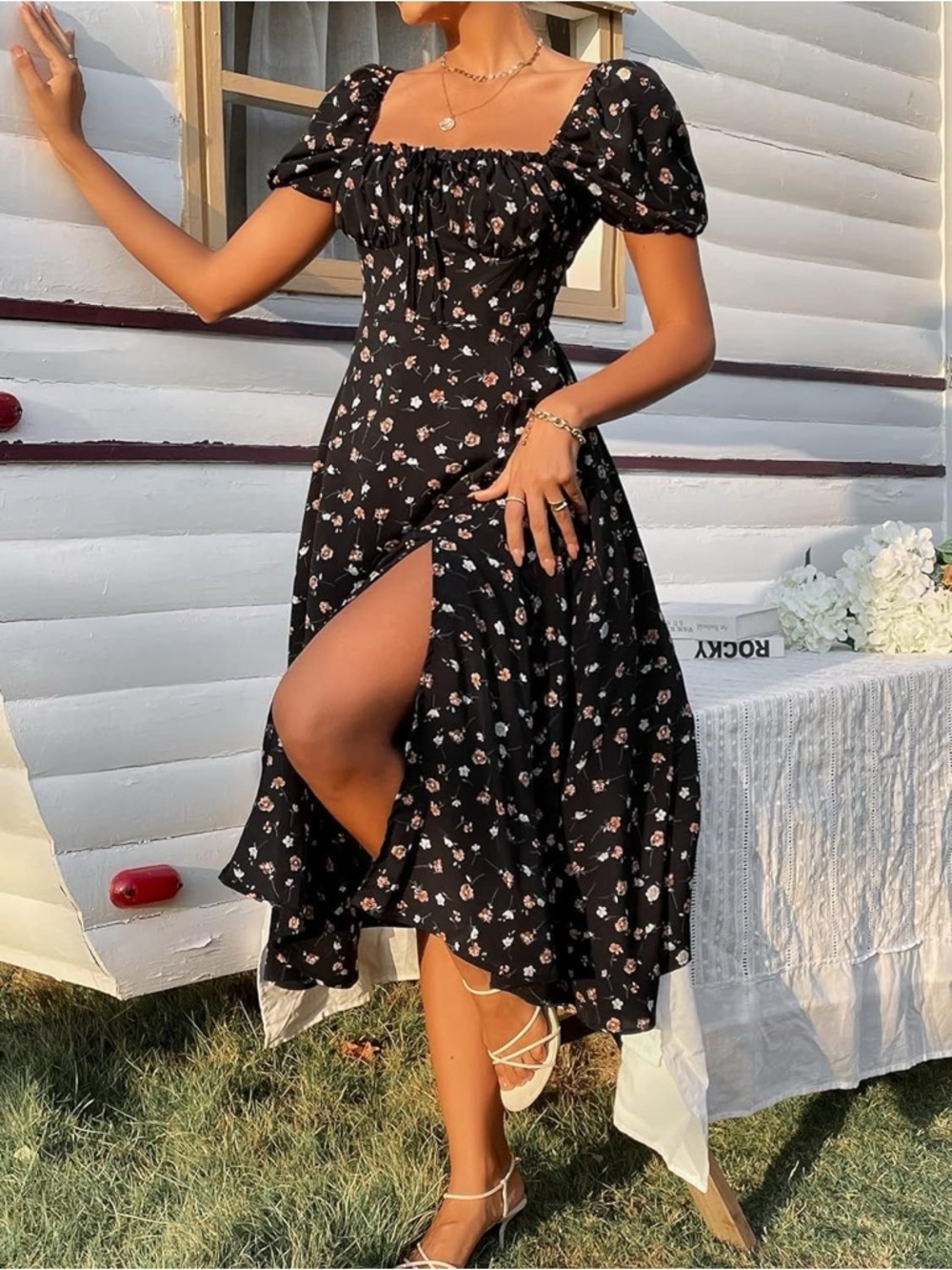 Forever 21 Black Floral Puff-Sleeve Midi Dress